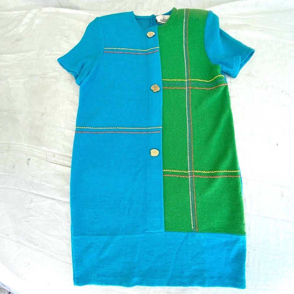Vintage Steve Fabrikant Knit Aqua Blue Green Wool Rayon Blend Dress!